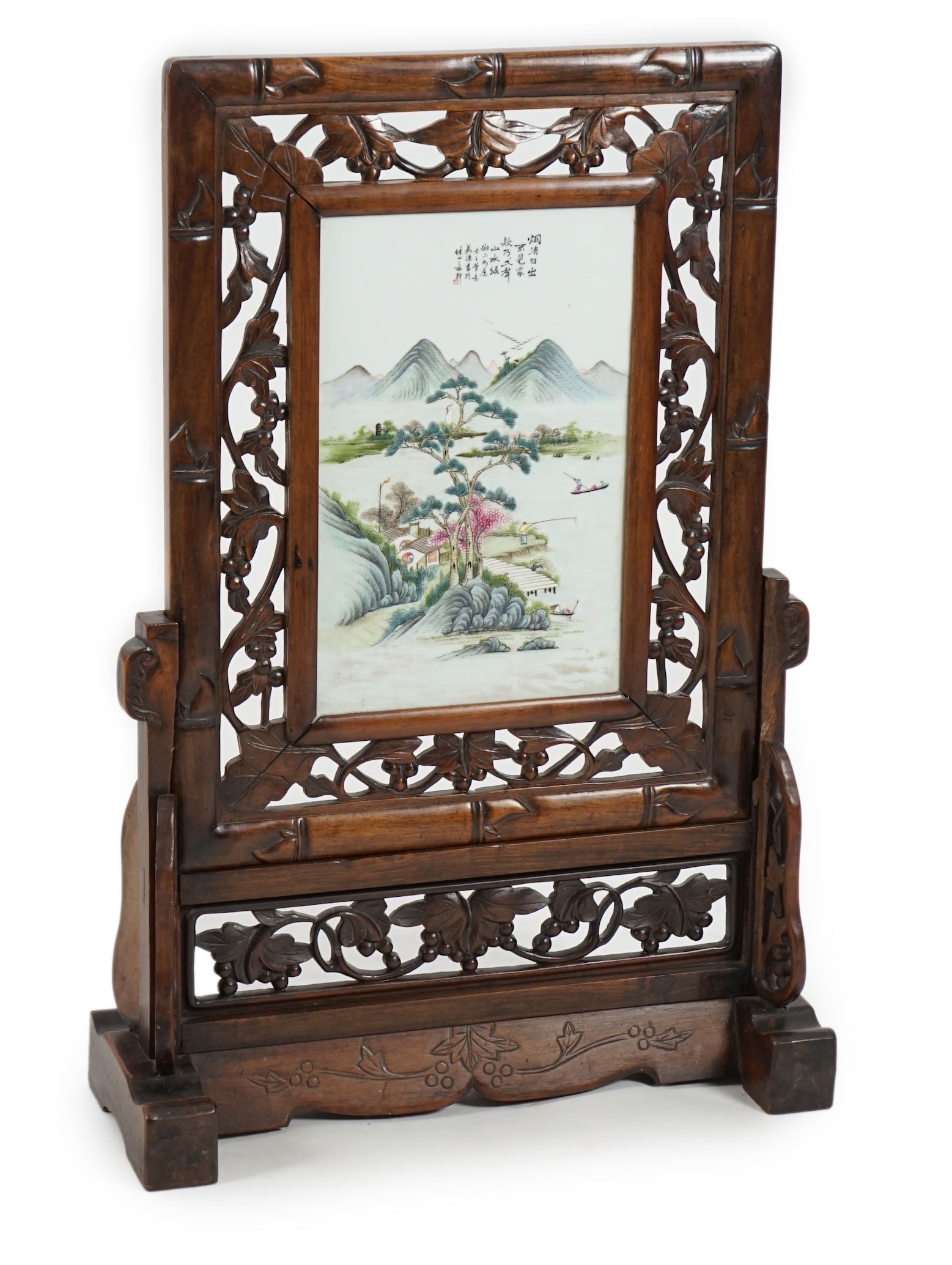 A Chinese enamelled porcelain and hongmu framed table screen, Republic period